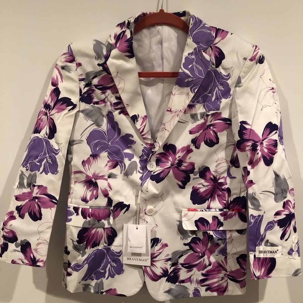 Braveman Boys Blazer  Floral Print White Purple Pink Gray Size 8 Formal Party